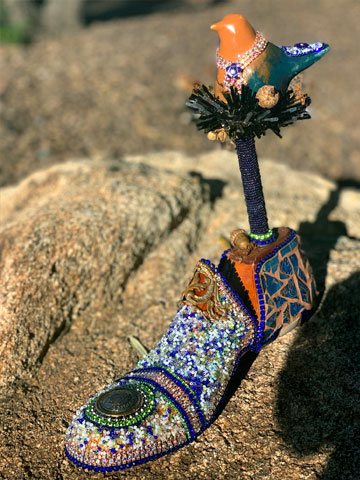 Custom Beaded Antique Shoe w/ Ceramic Bird